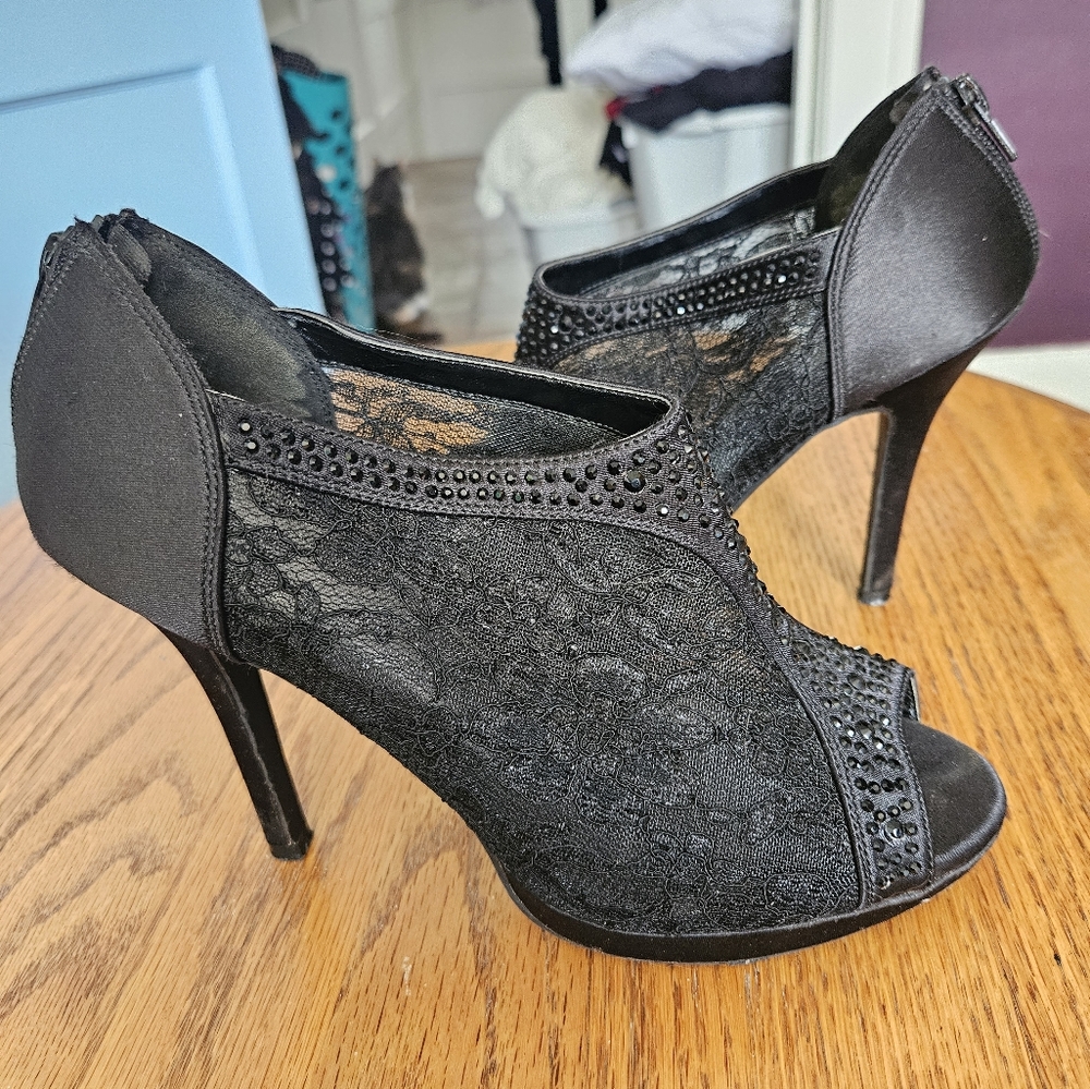 Black lace sparkle heel booties